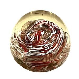 Hand Blown Glass Paperweight Ball Ribbon Candy Art Spiral Red White Blue 2.5"